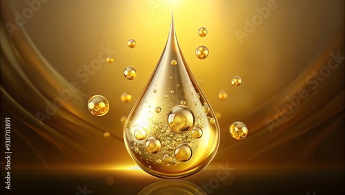 Golden liquid drop with bubbles, representing Vitamin B3 , golden, liquid, drop, bubbles, Vitamin B3, skincare, beauty