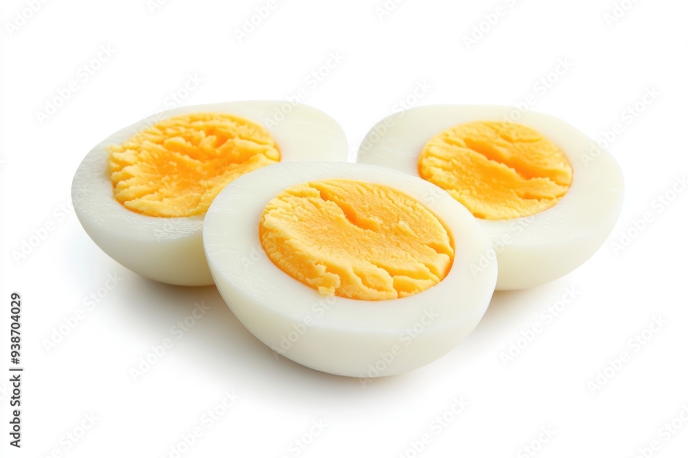 Three Halved Hard-Boiled Eggs on a White Background Three Halved Hard-Boiled Eggs on a White Background