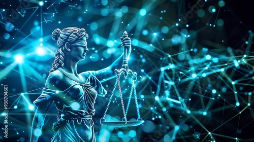 Lady Justice symbol standing against digital network background for representing impact of technology on legal systems and future of justice concept.
