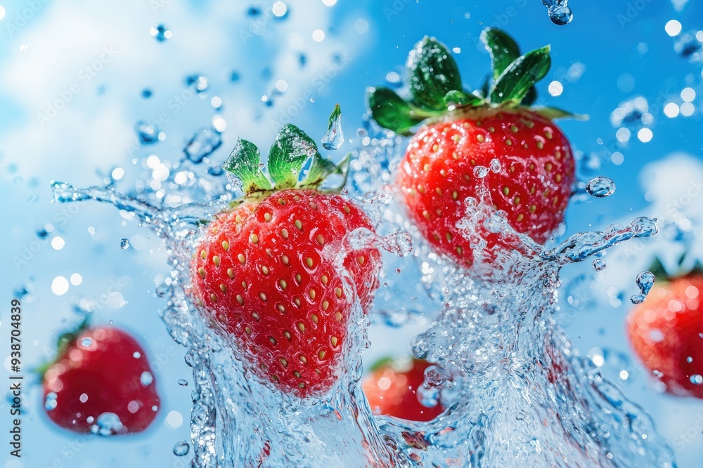Strawberries Splashing in Water with a Blue Sky Background Strawberries Splashing in Water with a Blue Sky Background