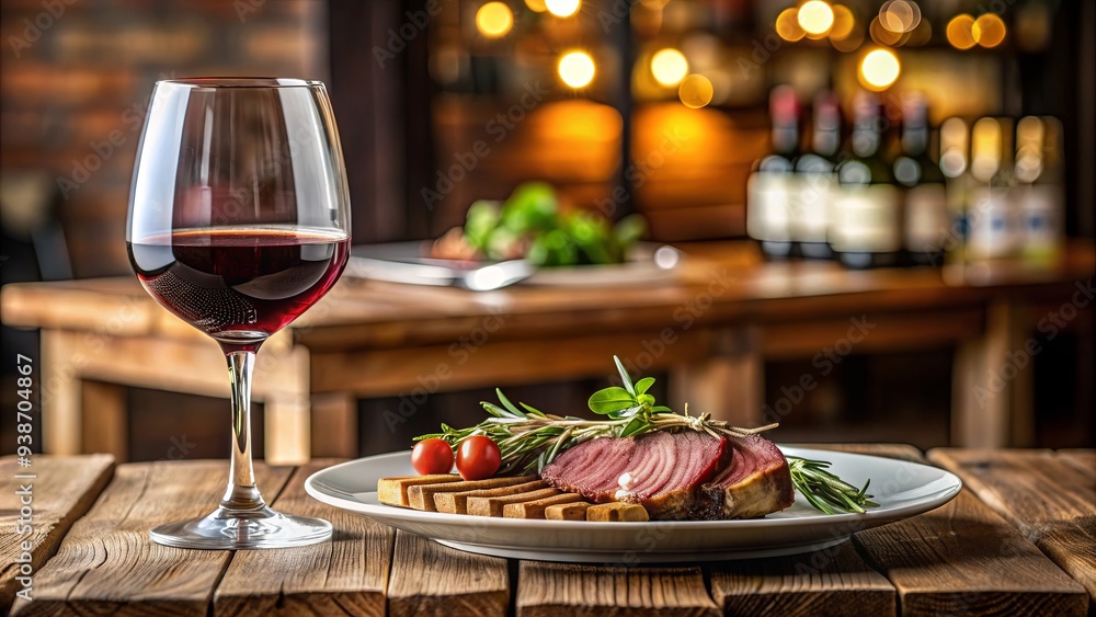 Assiette de viande et verre de vin sur table de bistrot, viande, assiette, table, bistrot, verre, vin, repas Assiette de viande et verre de vin sur table de bistrot, viande, assiette, table, bistrot, verre, vin, repas