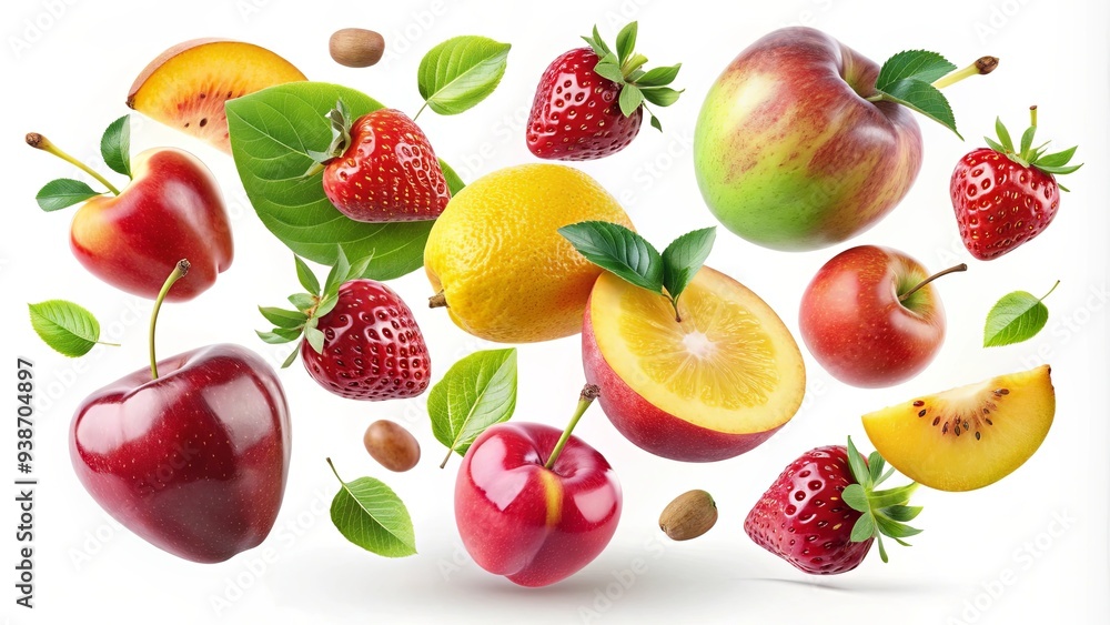 Naklejka premium Fruits floating in zero gravity on a white background including apple, mango, kiwi, leaves, pear