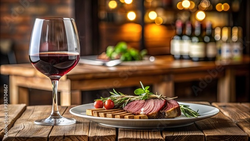 Assiette de viande et verre de vin sur table de bistrot, viande, assiette, table, bistrot, verre, vin, repas photo