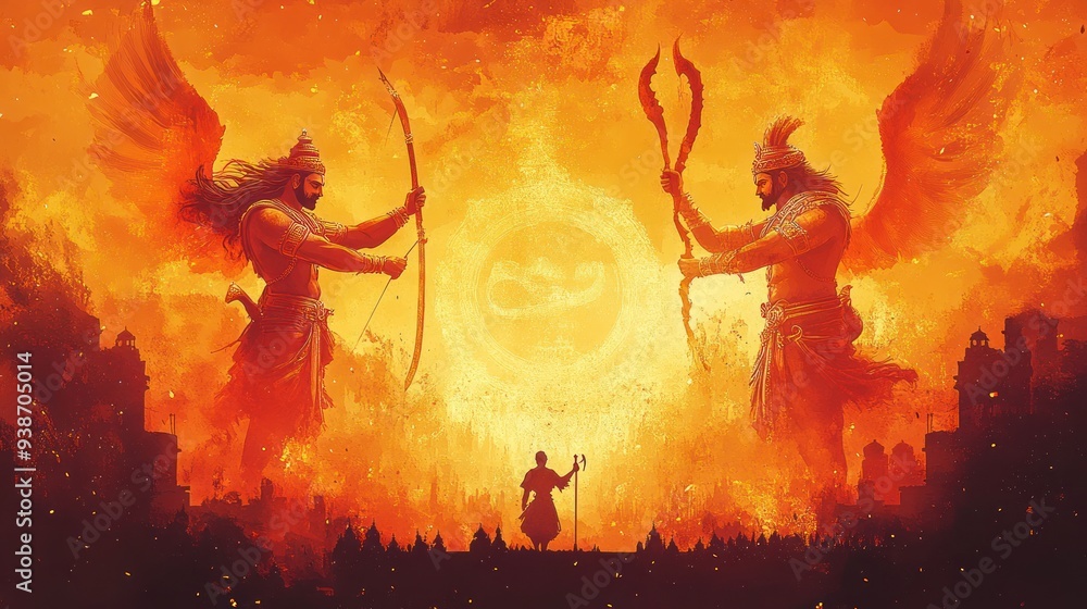 poster for Happy Dussehra with Lord Rama killing Ravana on Navratri festival in India. Ai generated image