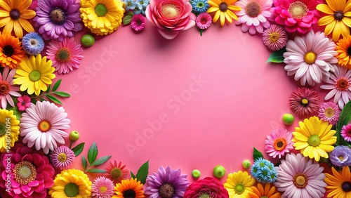 Product on pink background with colorful flowers border, stock photo, pink, background, flowers, floral, border, colorful