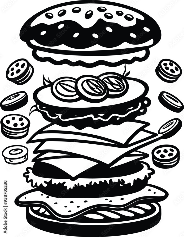 A deconstructed burger silhouette illustration black and white A deconstructed burger silhouette illustration black and white