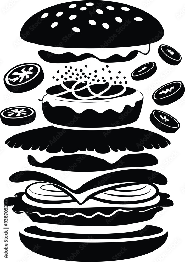 A deconstructed burger silhouette illustration black and white A deconstructed burger silhouette illustration black and white