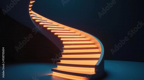 A glowing 3D spiral staircase twisting upwards into the darkness, 3D glow, staircase, surreal photo