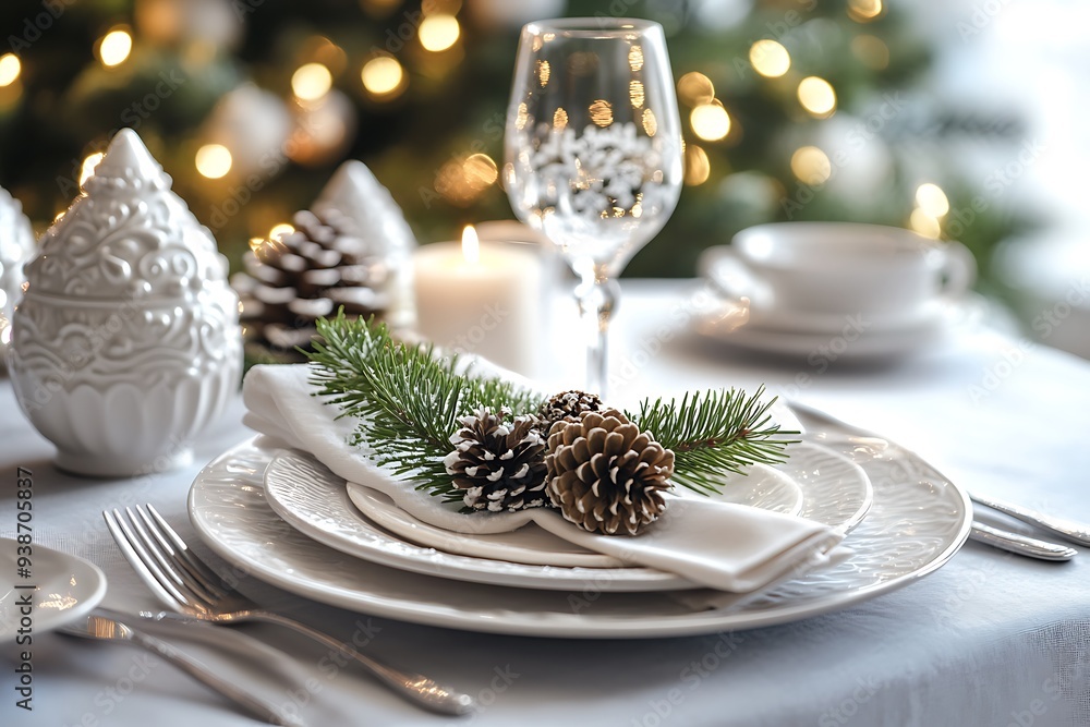 A table setting with an elegant Christmas theme, featuring gold candlesticks and pine cones, set against the backdrop of a decorated tree. A table setting with an elegant Christmas theme, featuring gold candlesticks and pine cones, set against the backdrop of a decorated tree.