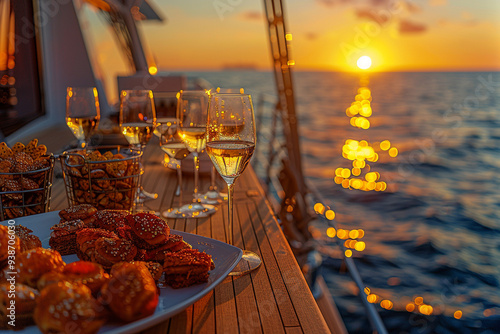 Capturing a wide-angle view from luxurious yacht, vibrant and positive scene showcases glistening wine glasses and delectable snacks arranged on polished wooden table, set against backdrop of a stunn photo