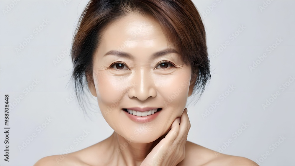 Middle-aged Asian pretty attractive woman with natural beauty and healthy radiant fair skin on white background, for beauty content Middle-aged Asian pretty attractive woman with natural beauty and healthy radiant fair skin on white background, for beauty content