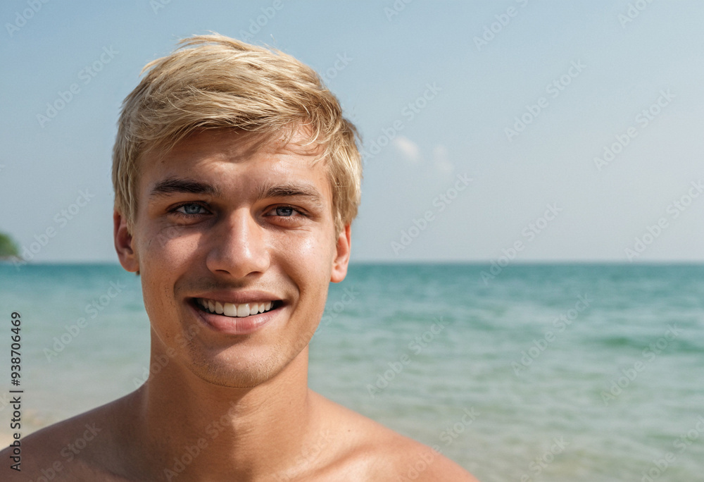 attractive young man with blond hair and beautiful white teeth smile, surfer boy on the sandy beach by the sea, tropical holiday island, holiday paradise, grinning and smiling attractive young man with blond hair and beautiful white teeth smile, surfer boy on the sandy beach by the sea, tropical holiday island, holiday paradise, grinning and smiling