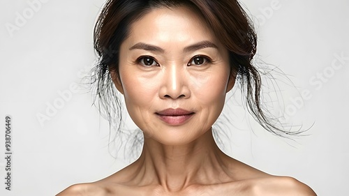 Middle-aged Asian pretty attractive woman with natural beauty and healthy radiant fair skin on white background, for beauty content photo