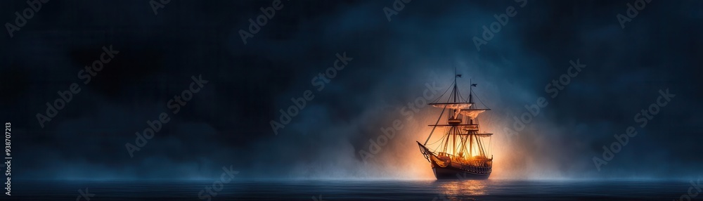 A majestic ship illuminated by flames sails through a dark, foggy sea, evoking mystery and adventure in the night. A majestic ship illuminated by flames sails through a dark, foggy sea, evoking mystery and adventure in the night.