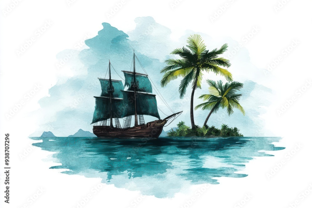 A tranquil scene featuring a wooden ship sailing near a tropical island, surrounded by palm trees under a serene blue sky. A tranquil scene featuring a wooden ship sailing near a tropical island, surrounded by palm trees under a serene blue sky.