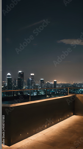 nighttime view of a city skyline with a balcony and a bench