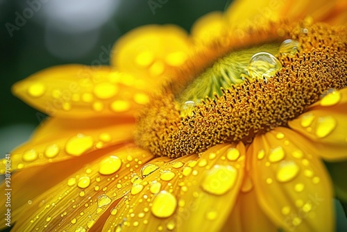 Close-up of vibrant yellow water droplets delicately resting on the petals of a sunflower photo