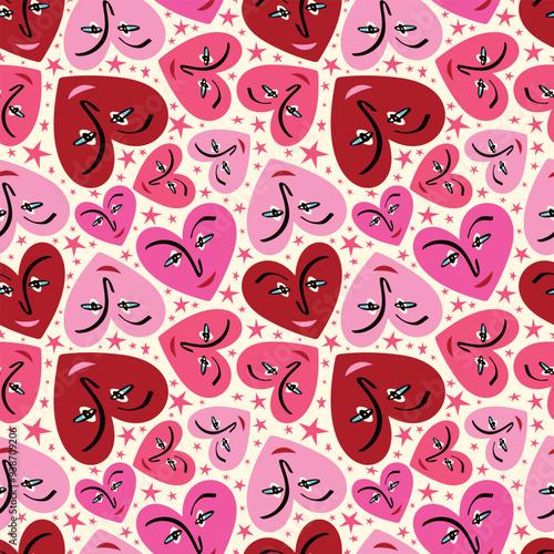 Pink Bright Valentines Day seamless pattern with cool funky hearts. Valentine characters background