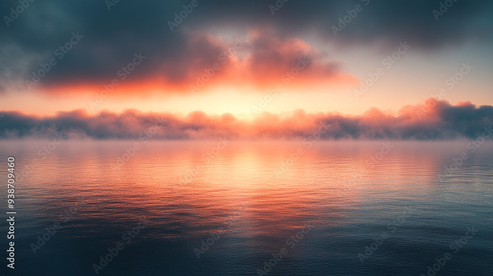 Serene lake shrouded in mist at dawn, reflecting the calm water and distant horizon. Ideal for themes of tranquility, introspection, and natural beauty Serene lake shrouded in mist at dawn, reflecting the calm water and distant horizon. Ideal for themes of tranquility, introspection, and natural beauty