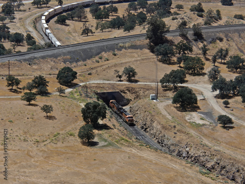 Drone Aerial Image of Tehachapi Loop Locomotive Passing Through Tunnel