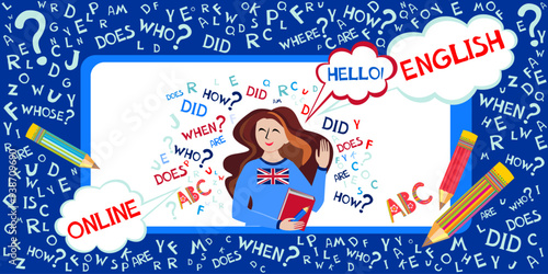 Learning english. Online english lesson for pupils and students. Video course, distance education, web seminar, internet class, personal teacher service. Young woman girl student learning english. 