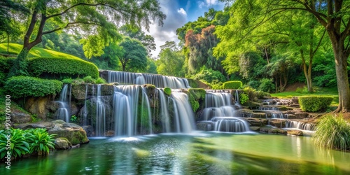 A serene waterfall flowing through a lush green park, nature, landscape, scenery, tranquil, serene, cascade, water, flow