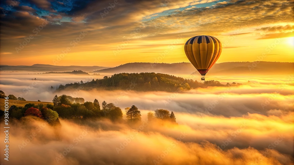 Obraz premium Hot air balloon floating in a golden dawn sky above a mist-shrouded landscape, hot air balloon, floating, golden dawn, sky