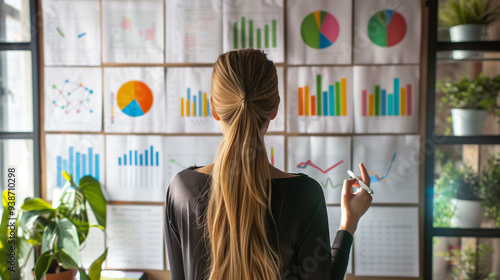 Businesswoman analyzing charts and graphs on multiple screens in modern office