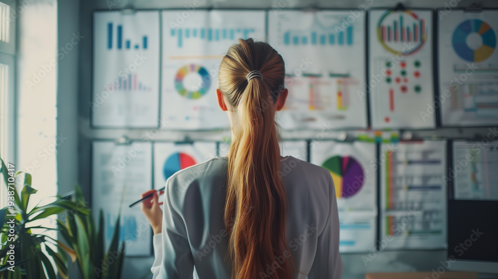 Businesswoman analyzing charts and graphs on multiple screens in modern office Businesswoman analyzing charts and graphs on multiple screens in modern office