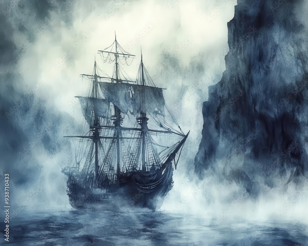A mysterious ship sails through foggy water near a rocky cliff, evoking a sense of adventure and exploration on the high seas. A mysterious ship sails through foggy water near a rocky cliff, evoking a sense of adventure and exploration on the high seas.