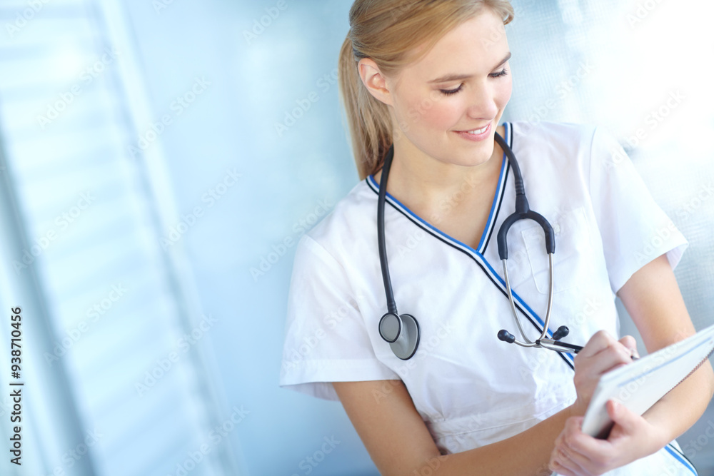 Documents, healthcare and smile with nurse woman in hospital for medical insurance, notes or results. Checklist, paper and writing with happy medicine professional in clinic for administration Documents, healthcare and smile with nurse woman in hospital for medical insurance, notes or results. Checklist, paper and writing with happy medicine professional in clinic for administration