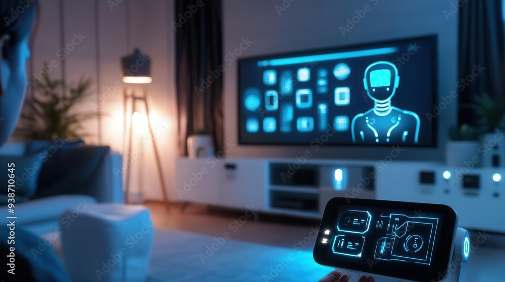 A person interacts with smart technology in a modern living room, showcasing innovative devices and futuristic designs. A person interacts with smart technology in a modern living room, showcasing innovative devices and futuristic designs.