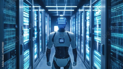 Futuristic robot navigating a high-tech data center filled with glowing servers and digital interfaces.