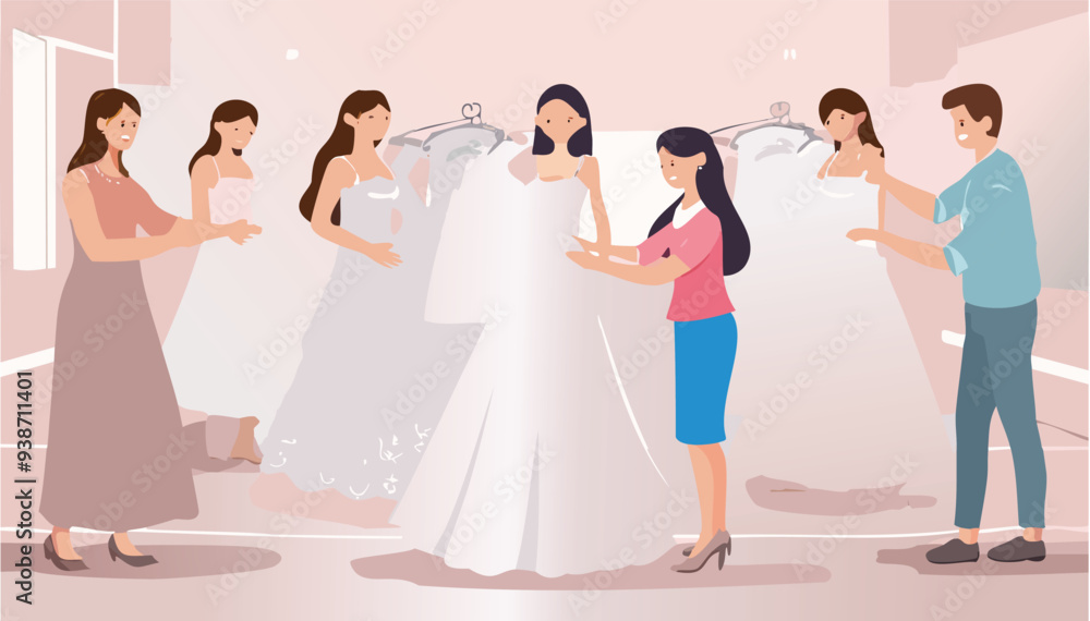 A beautiful woman is trying on several wedding dresses, looking worried. An employee is taking care of her. A beautiful woman is trying on several wedding dresses, looking worried. An employee is taking care of her.