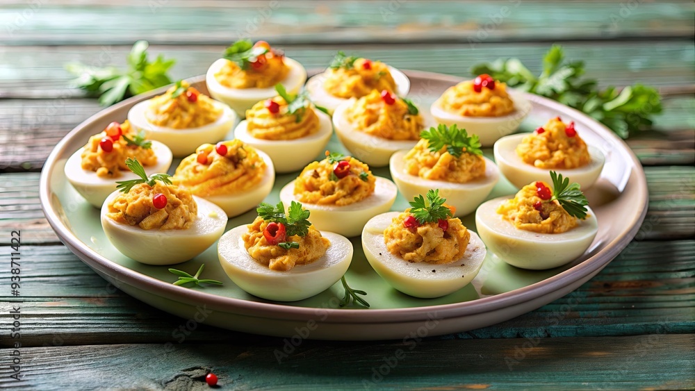 Deviled eggs on a plate with copy space, food, appetizer, deviled eggs, plate, eggs, creamy, delicious, snack Deviled eggs on a plate with copy space, food, appetizer, deviled eggs, plate, eggs, creamy, delicious, snack