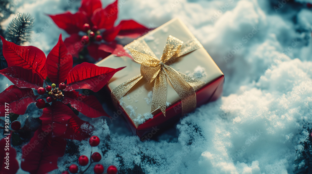 a christmas gift box placed on a pile of white snow, wrapped with a gold ribbon, christmas gift box with snowflakes a christmas gift box placed on a pile of white snow, wrapped with a gold ribbon, christmas gift box with snowflakes