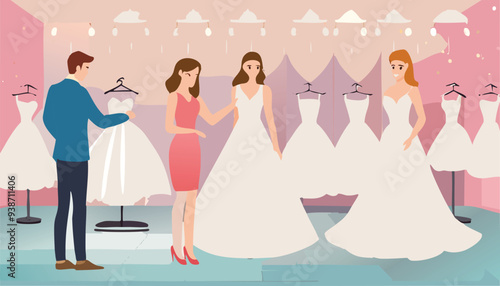 A beautiful woman is trying on several wedding dresses, looking worried. An employee is taking care of her.