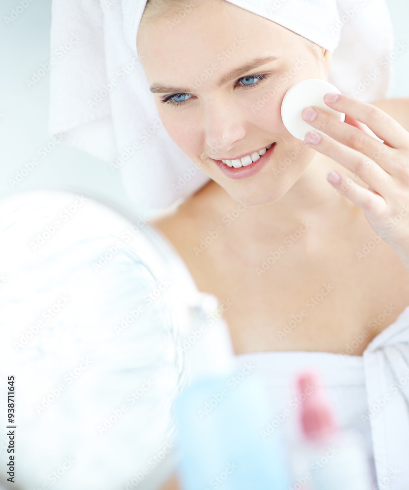 Happy, woman and cleaning face for skincare with cotton pad, facial hygiene and wipe makeup of dermatology. Girl, product and cosmetic for natural benefits, glow results and beauty mirror at house Happy, woman and cleaning face for skincare with cotton pad, facial hygiene and wipe makeup of dermatology. Girl, product and cosmetic for natural benefits, glow results and beauty mirror at house