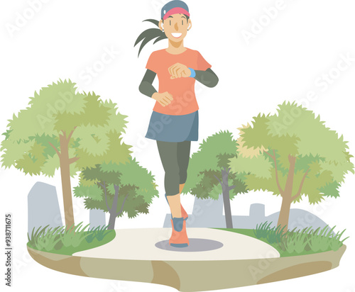 初夏の公園を走る女性ランナーのイラスト