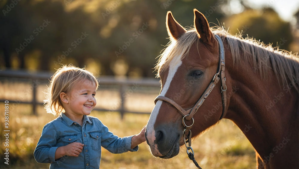 Obraz premium Young boy cheerfully interacts with a horse, their smiles reflecting a bond of trust and friendship in a sunny pasture.