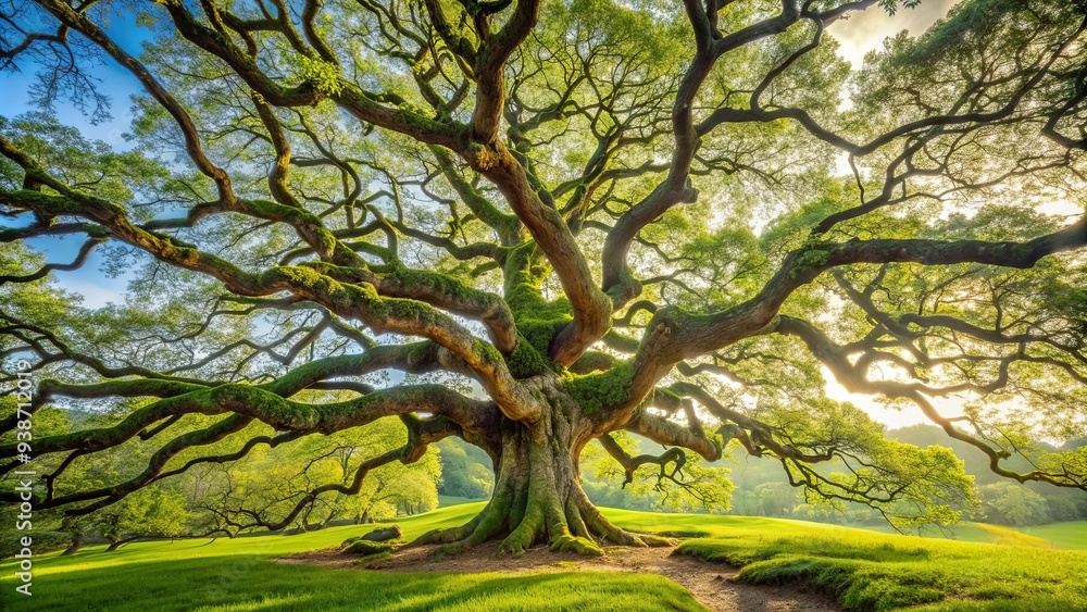 Ancient oak tree with twisted branches in serene countryside setting , oak tree, ancient, twisted branches, serene Ancient oak tree with twisted branches in serene countryside setting , oak tree, ancient, twisted branches, serene