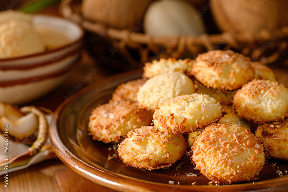 Coconut Macaroons, rich and soft cookies with coconut shreds on top, served on an elegant plate on the table background features a cozy kitchen setting with a bowl of shredded coconut, basket Coconut Macaroons, rich and soft cookies with coconut shreds on top, served on an elegant plate on the table background features a cozy kitchen setting with a bowl of shredded coconut, basket
