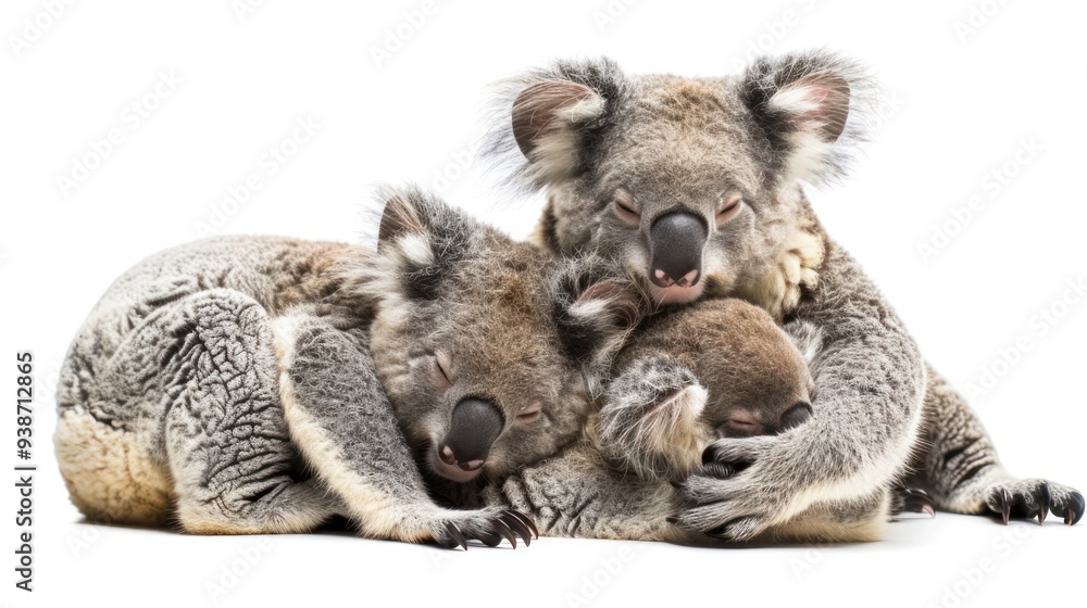 A koala bear family cuddling together, their fur blending in a warm embrace A koala bear family cuddling together, their fur blending in a warm embrace