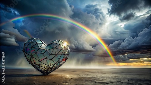 Shattered heart-shaped sculpture under stormy sky with lone rainbow in the distance, moody lighting, heartbreak photo