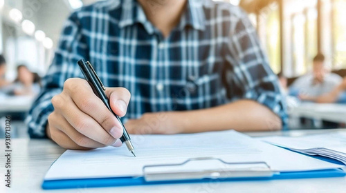 Close-up of a student's hand writing on paper with a pen. The focus is on the hand and pen, suggesting concentration, learning, creativity, education, and personal expression