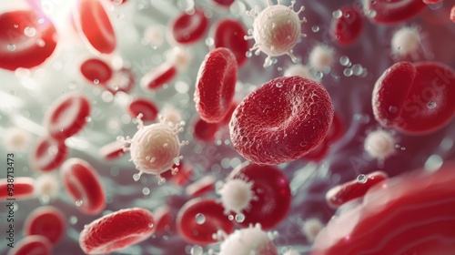 A microscopic view of red blood cells interacting with platelets and white blood cells, showcasing the intricate teamwork of the immune system