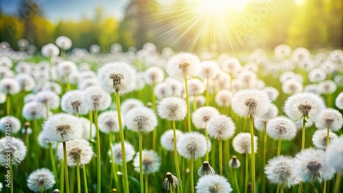 A beautiful dandelion field with fluffy white flowers, nature, landscape, beauty, spring, meadow, yellow, wildflowers