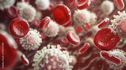 A microscopic view of red blood cells interacting with platelets and white blood cells, showcasing the intricate teamwork of the immune system photo