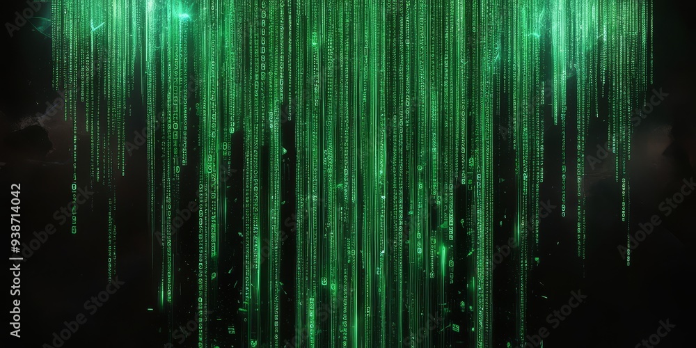 A mesmerizing cascade of luminescent green data streams flows downward in a shimmering curtain
A mesmerizing cascade of luminescent green data streams flows downward in a shimmering curtain