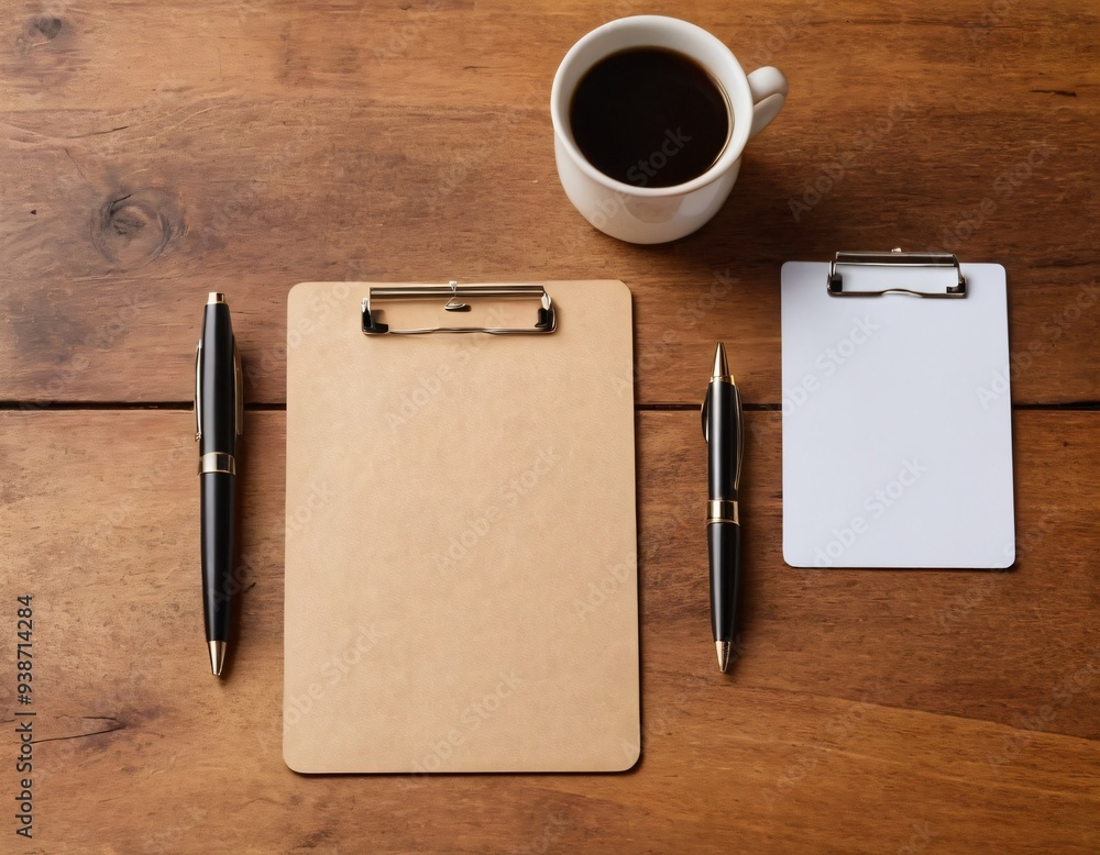 Blank business cards, clipboard with sheet and pen on wooden table, flat lay. Mockup for design. Ai generated image Blank business cards, clipboard with sheet and pen on wooden table, flat lay. Mockup for design. Ai generated image